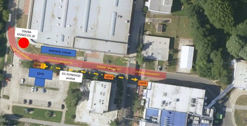 Mapka – zábor komunikace při vjezdu do areálu kvůli pracím na STL plynovodu, 14. – 28. 9. 2026
