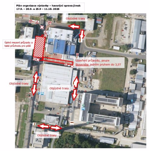 Mapka – úplné uzavření průjezdu a průchodu pro pěší u budovy Medac, 17.–20. 9. a 25. 9. – 11. 10. 2026