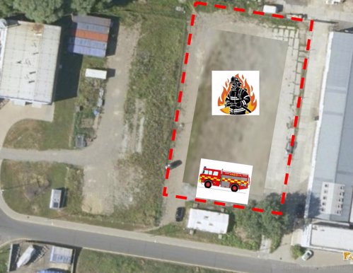 Mapka – dočasné parkoviště, kde proběhne školení požární ochrany, vyznačeno červeně