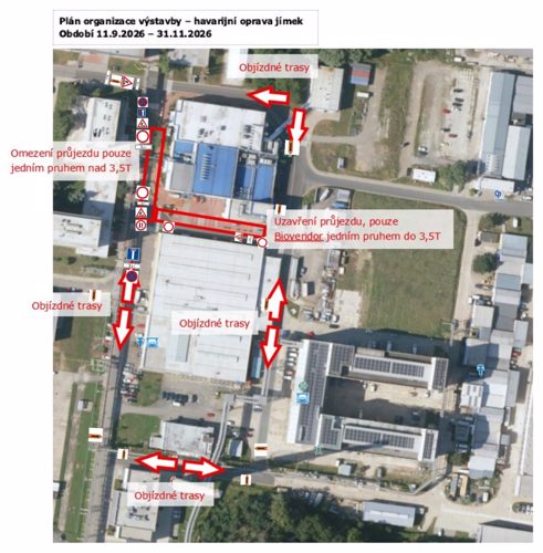 Mapka – částečné omezení průjezdu u budovy Medac, 11. 9. – 30. 11. 2026, s vyznačenými objízdnými trasami